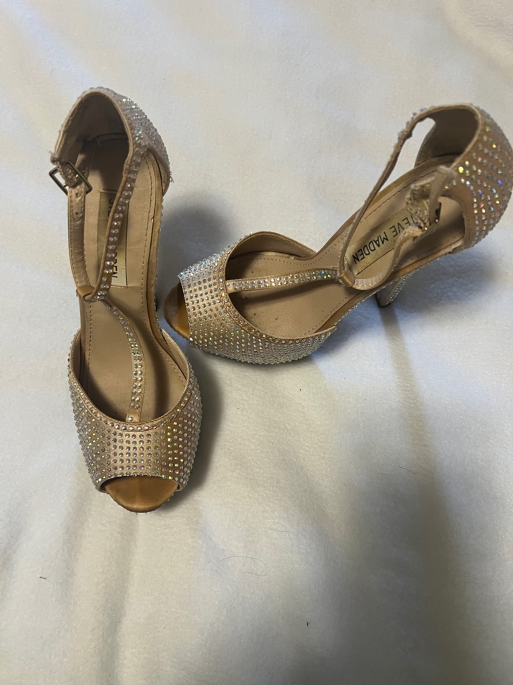 Steve Madden Angylina Nude Champagne Crystal T-Strap Peep-Toe Heels 6